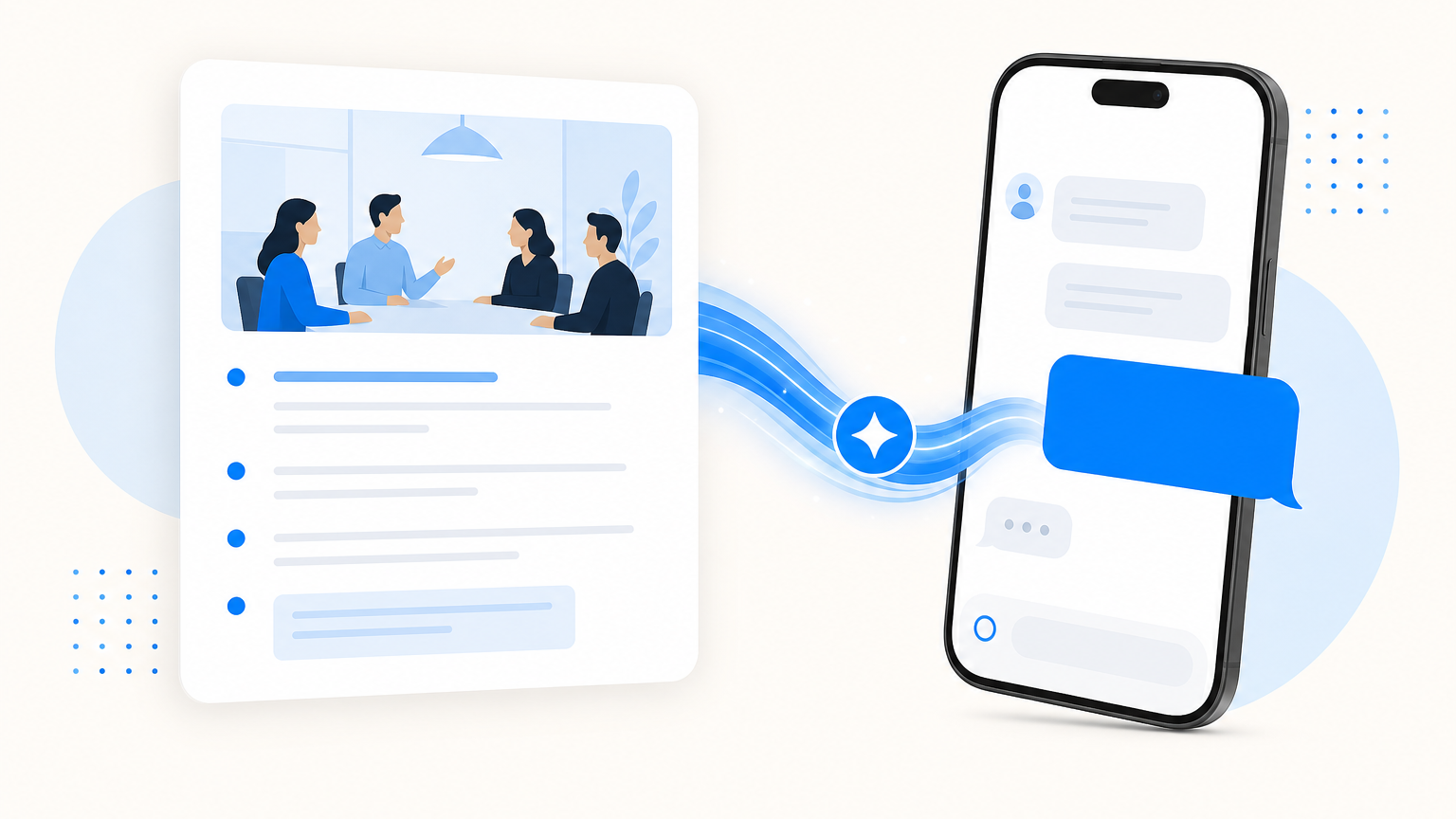 A meeting notes card flowing through a blue thread into a phone chat bubble