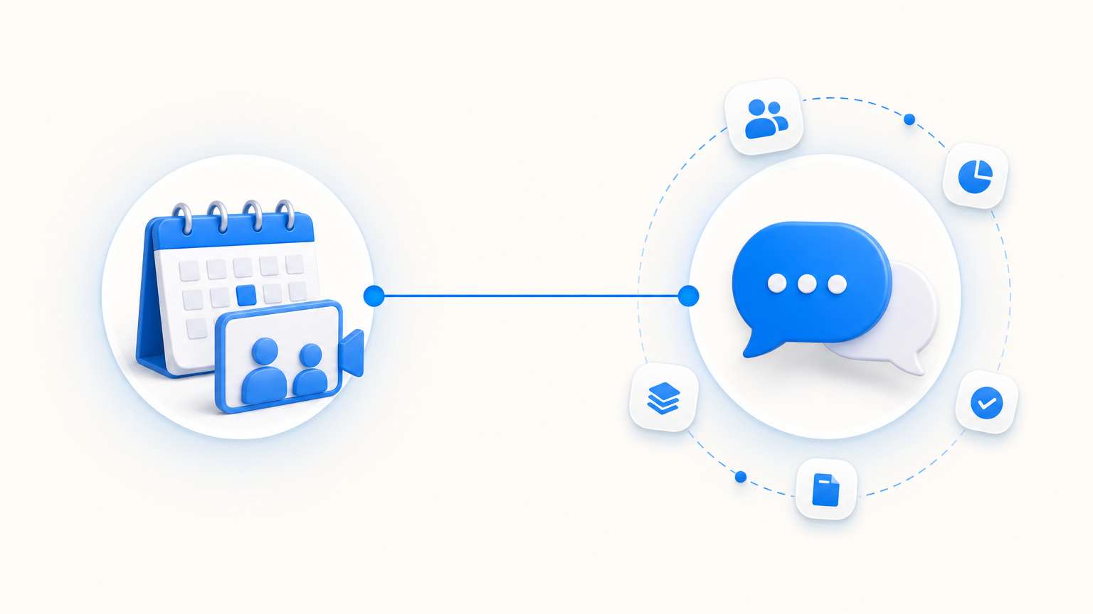 A meeting node connected by one line to a messaging node with tool chips orbiting it