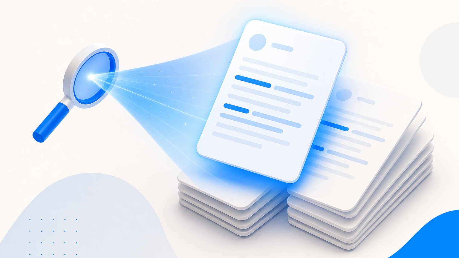 A search beam sweeping across a stack of meeting transcript cards