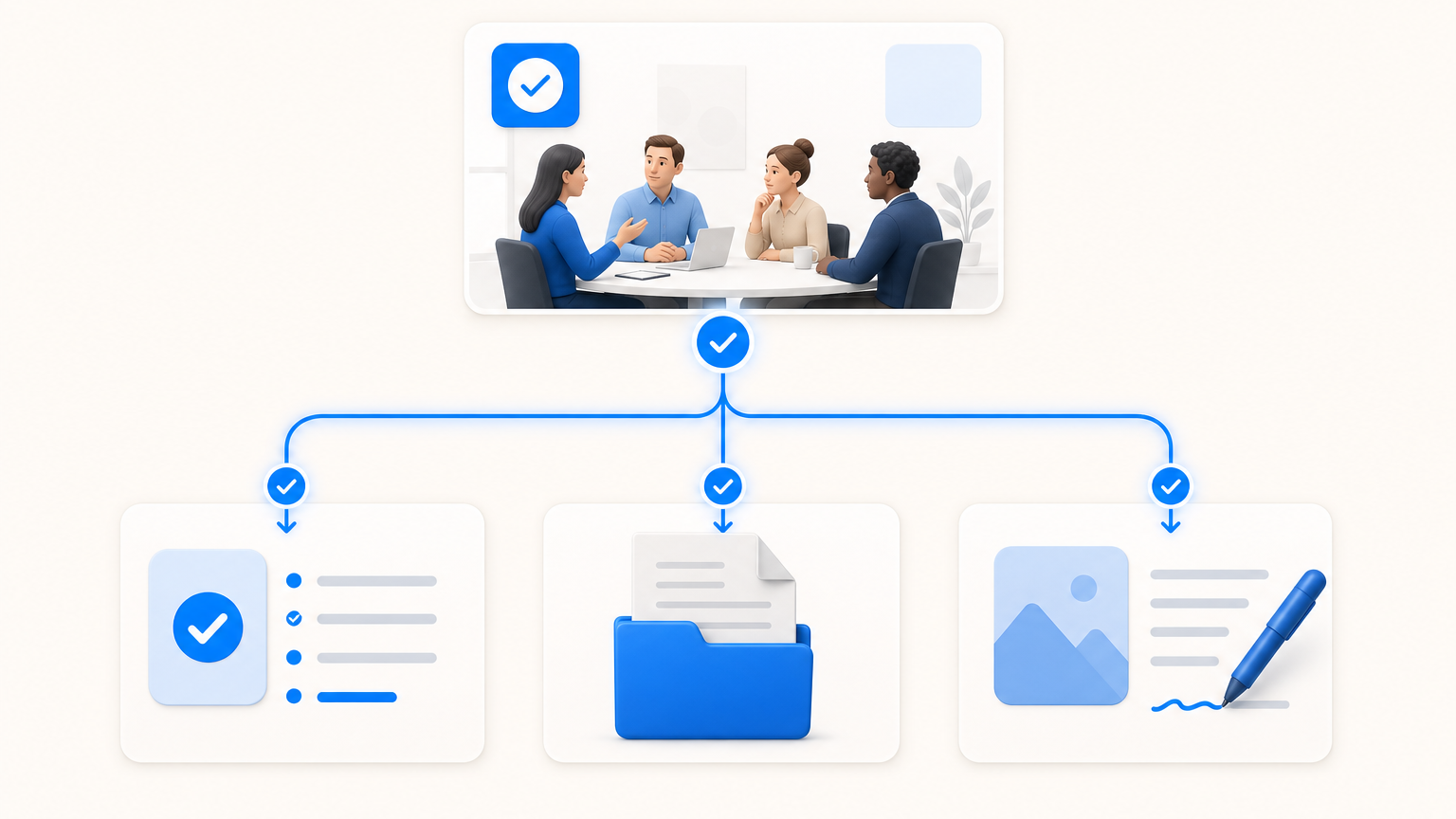 A finished meeting resolving into a checked task, a filed document, and a draft post