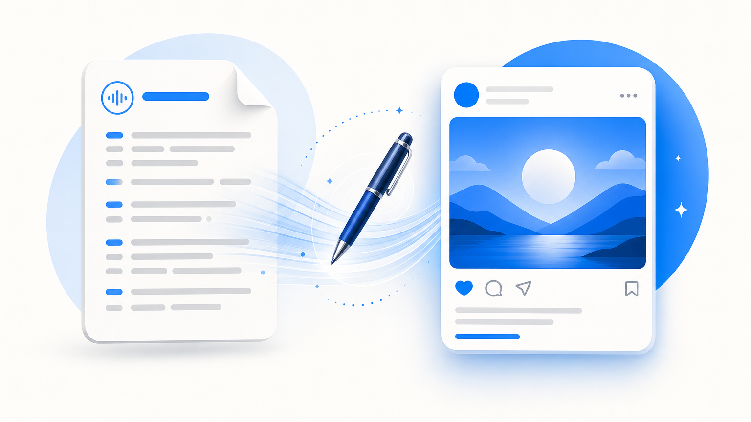 A transcript document transforming into a polished social post card