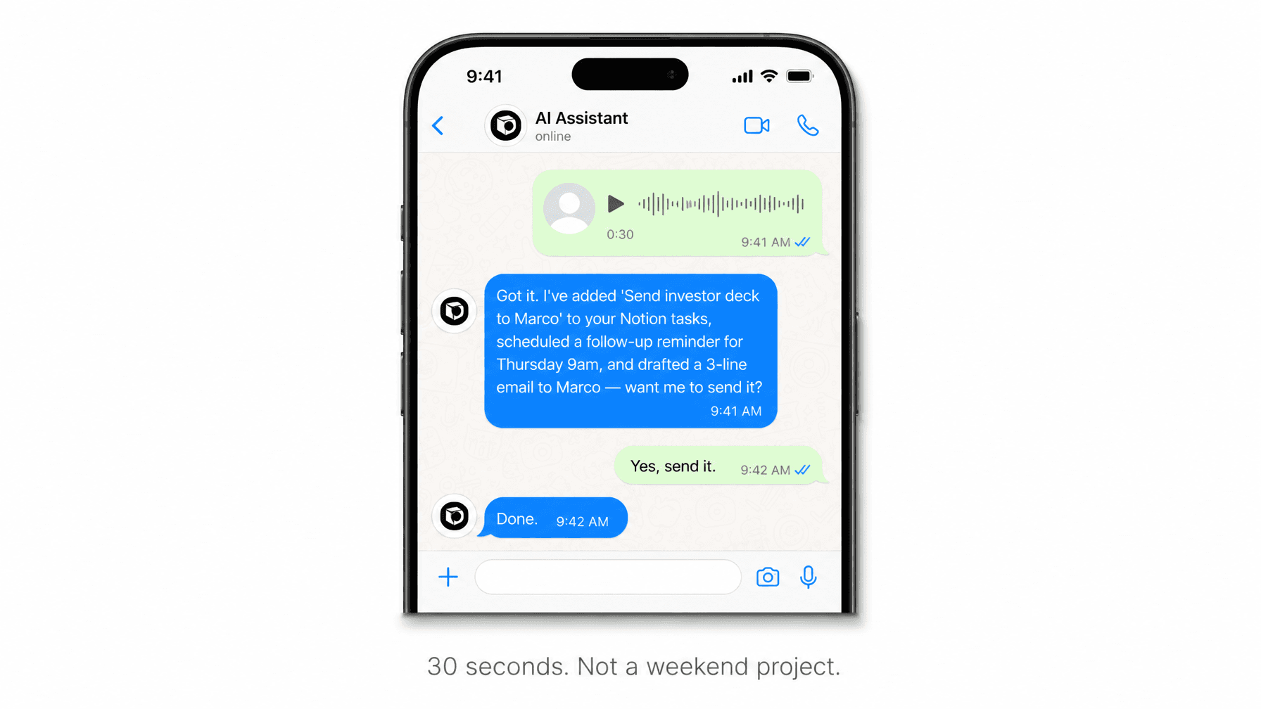 Insert after 'Content and Communication' section — WhatsApp conversation mockup showing full task completion loop