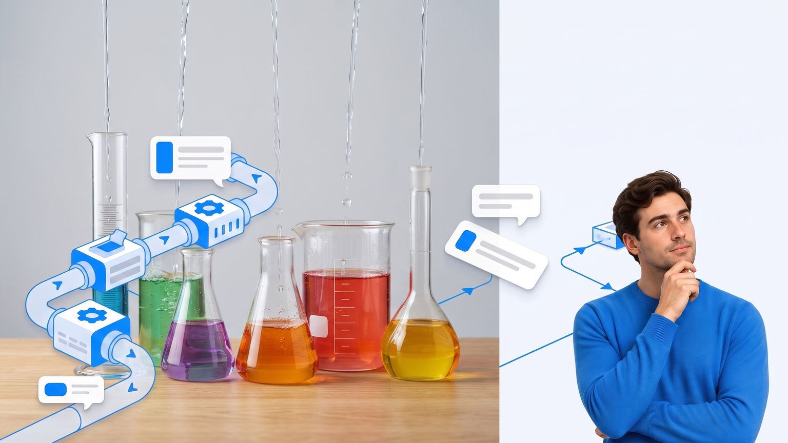 Six differently shaped measuring vessels filling at different speeds, showing that every AI app builder charges against a different unit and the unit is what decides the bill