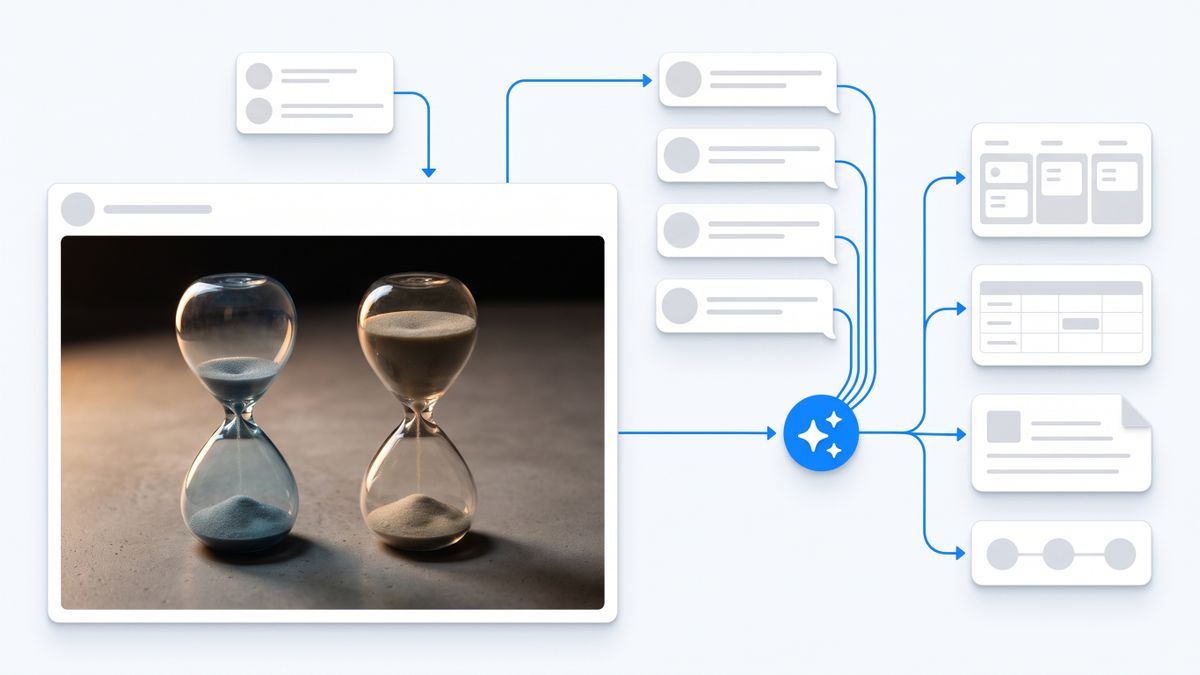 Two separate hourglasses draining at different rates side by side, illustrating that Base44 spends message credits and integration credits as independent buckets you can exhaust one at a time