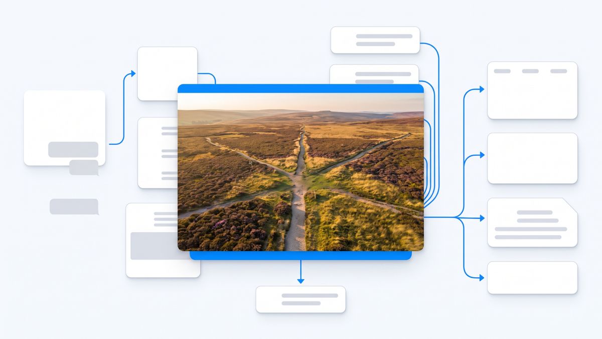 A single path branching into six trails across an open landscape, showing that the right Base44 alternative depends entirely on which job you were using it for