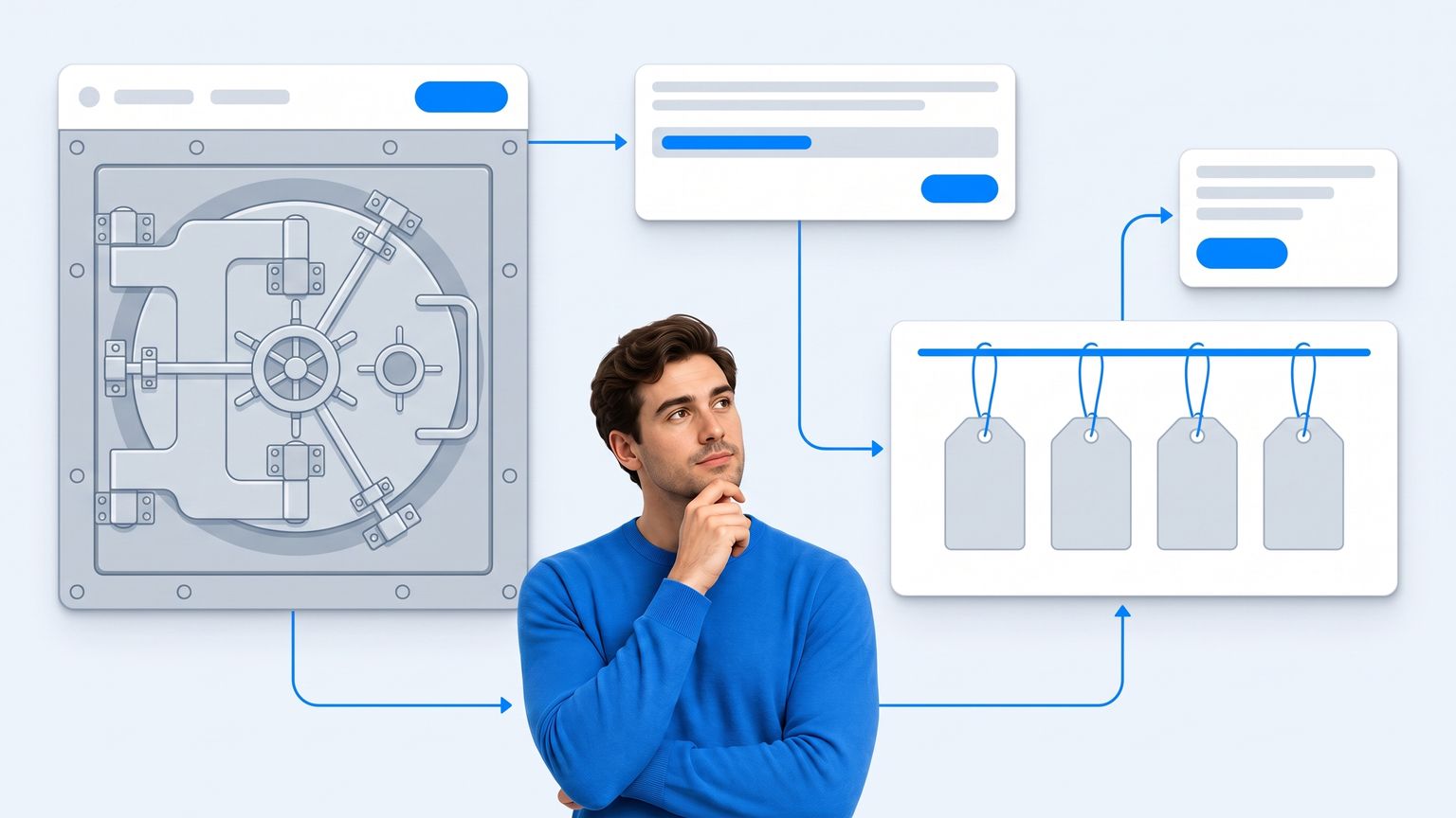 A locked enterprise vault door beside a row of open price tags, showing that most agent platforms publish a number while Context requires a sales call