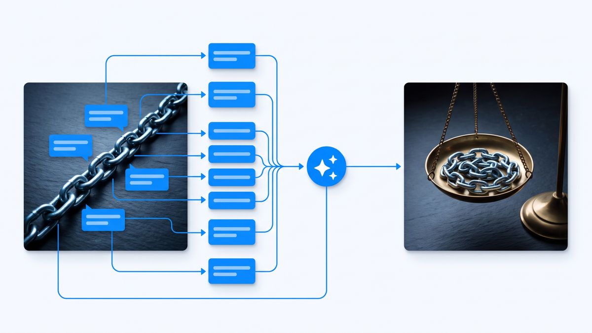 A twelve-link chain being counted link by link while an identical chain beside it is weighed once as a whole, illustrating per-step versus per-run automation billing