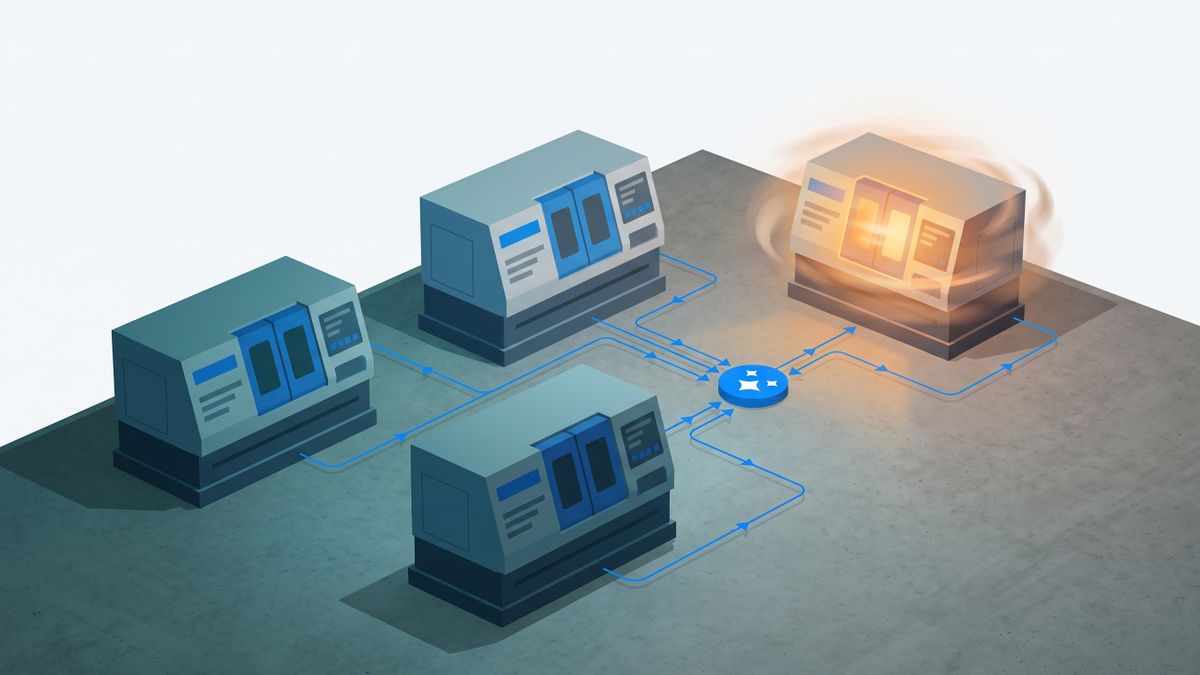 Rented industrial machines idling in an empty workshop while one runs at full speed, showing that renting worker capacity bills whether or not work arrives