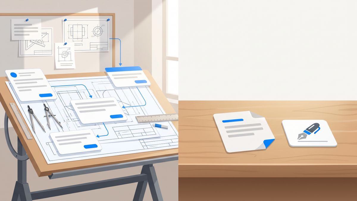A cluttered blueprint drafting table beside a simple handwritten note, contrasting building an automation diagram with just asking for the outcome
