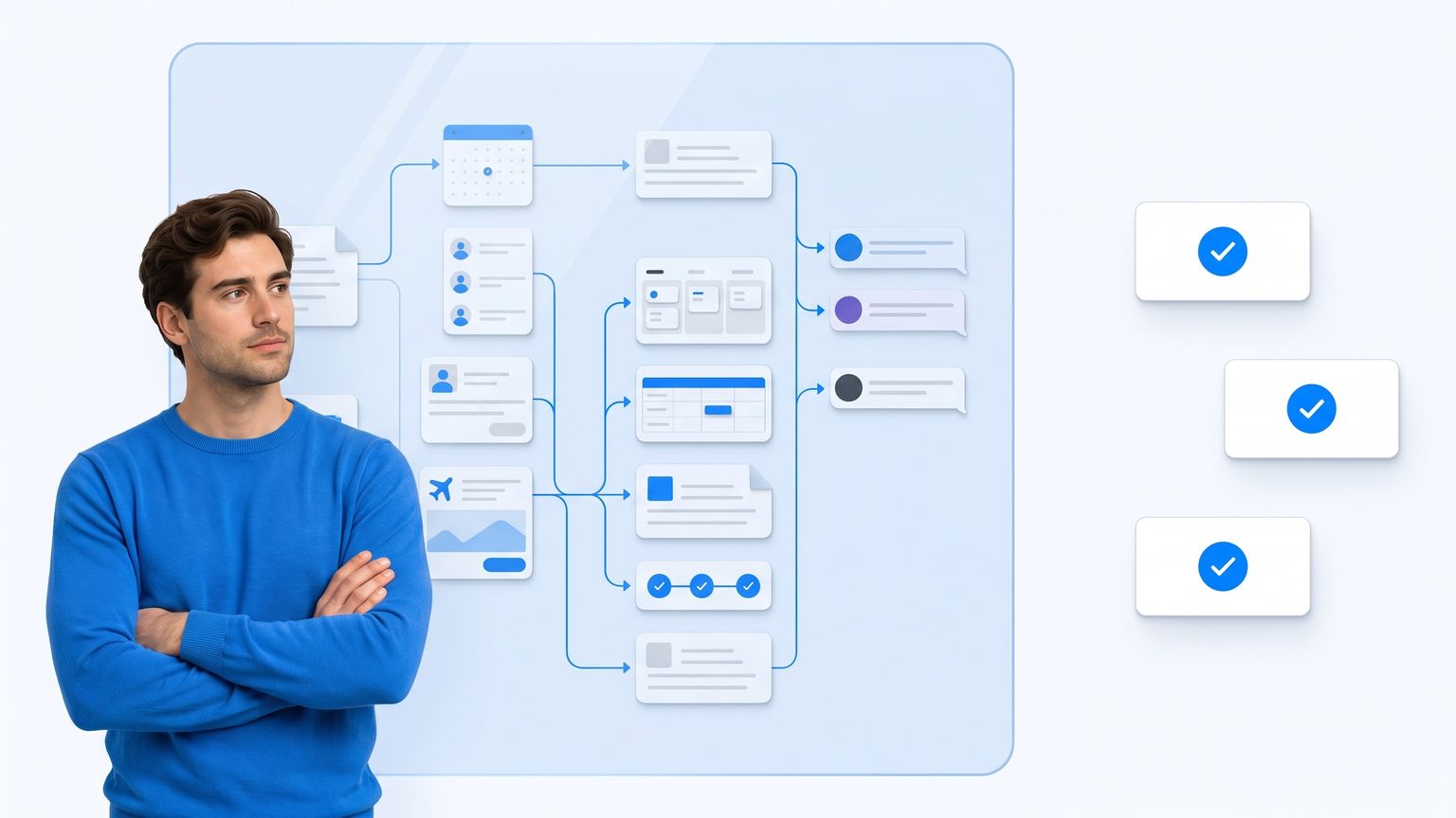 A founder standing beside a workflow automation canvas sealed behind translucent glass, with three simple completed tasks floating freely outside it.