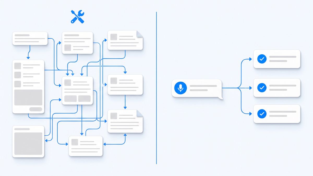 Left: a dense tangle of connected workflow nodes with a build icon above it. Right: a single voice message producing three finished tasks. The same outcome from two very different amounts of work.