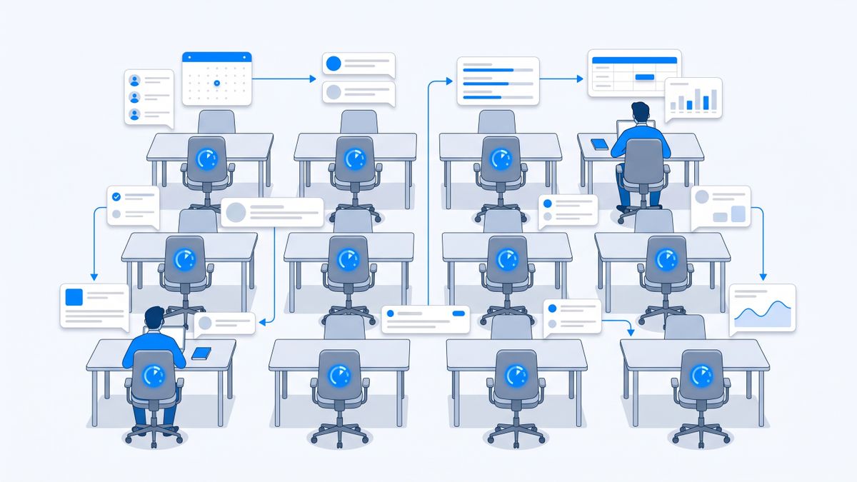 An office where a meter is attached to every chair but only two desks are occupied, illustrating how seat-priced AI charges a whole team for the two people who actually use the assistant