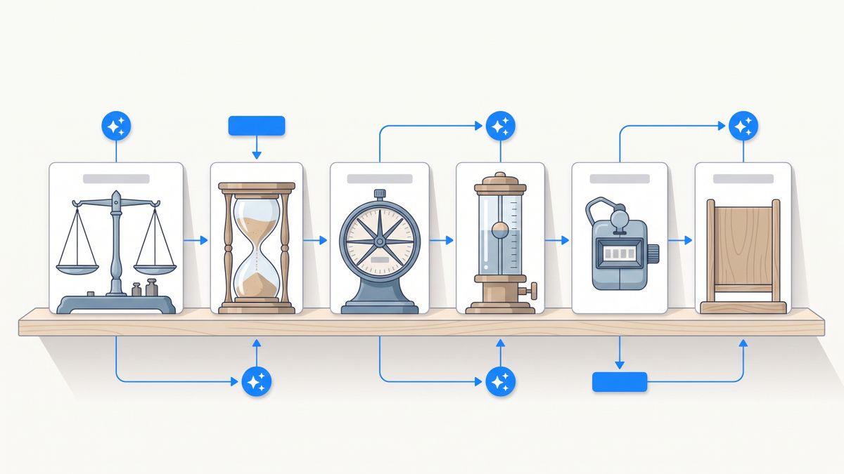 Six different measuring instruments lined up on a shelf, each calibrated to a different unit, standing for tools that bill against seats, messages, notes, credits, tasks or nothing at all