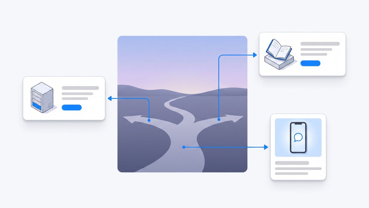A path splitting three ways toward a private server room, a plain notebook and a phone glowing with a chat conversation, showing the real choice is where your assistant lives rather than which model it uses
