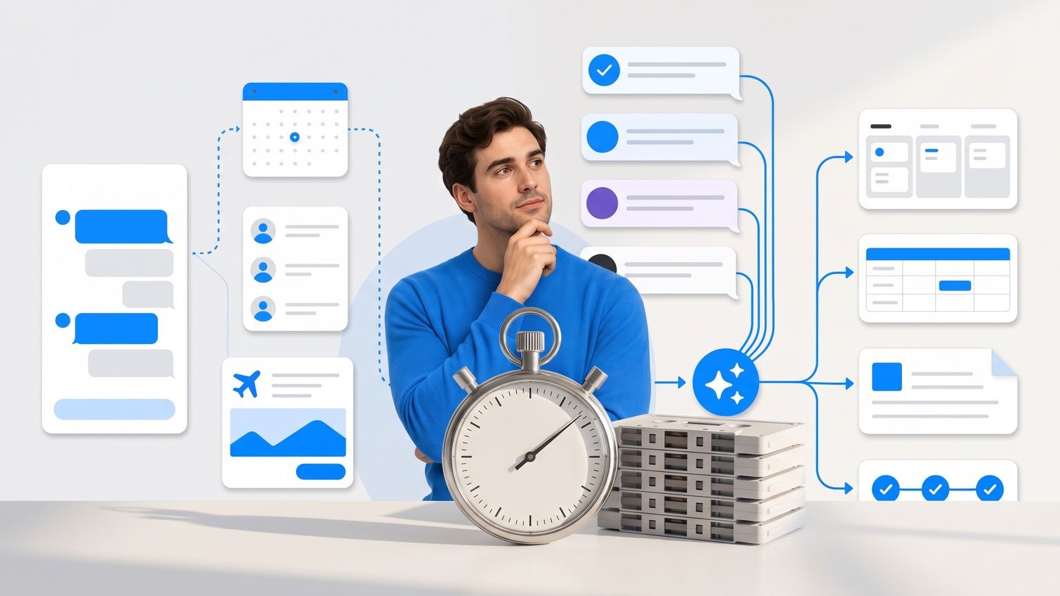 A stopwatch running out beside a stack of unopened meeting recordings, illustrating that Otter bills per seat while the thing that actually runs out is transcription minutes