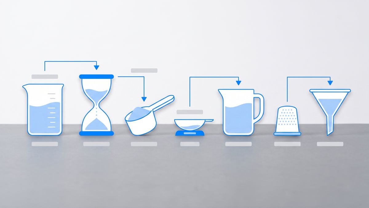 Seven differently shaped measuring vessels side by side, showing that each notetaker meters a different unit: seats, minutes, storage, credits or tasks