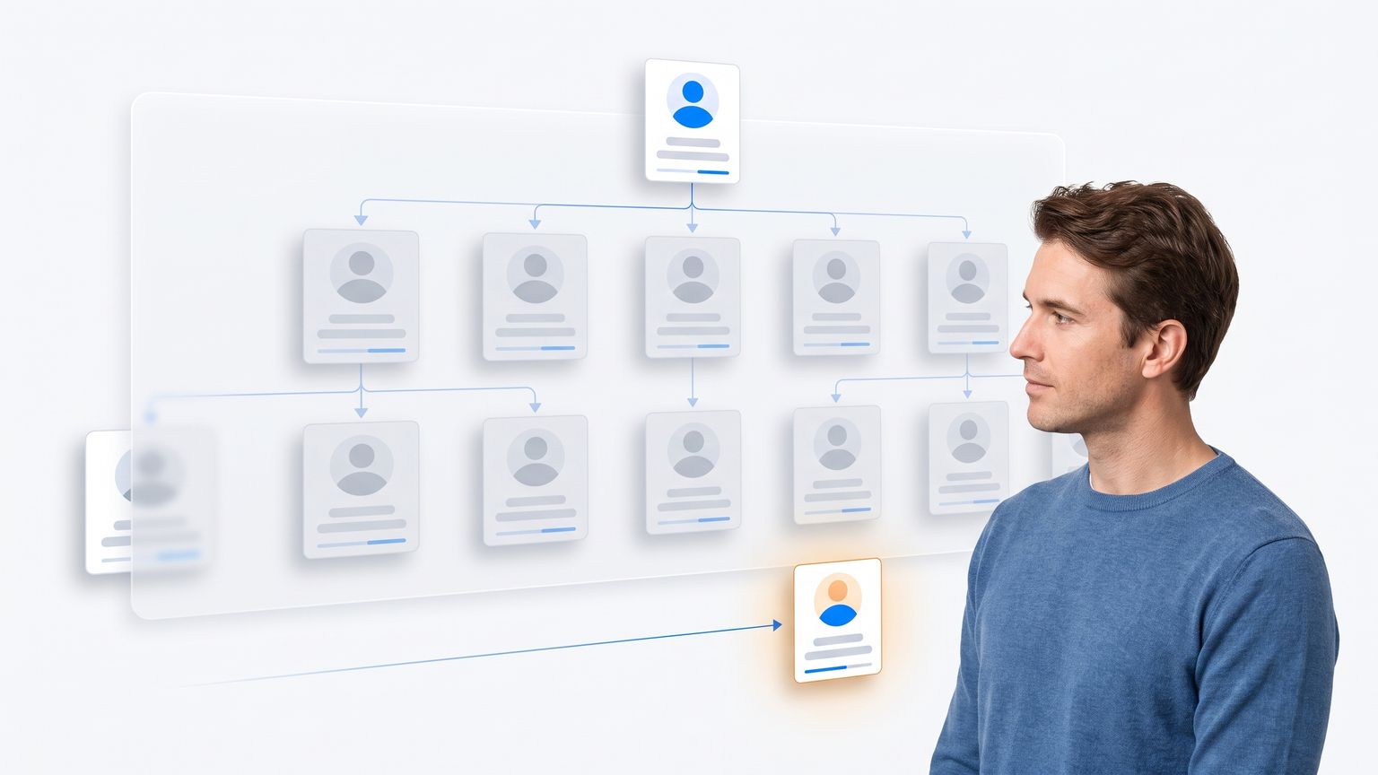 An orderly org chart of autonomous agent workers grinding to a halt at a spending ceiling while a single simpler helper keeps working alongside it