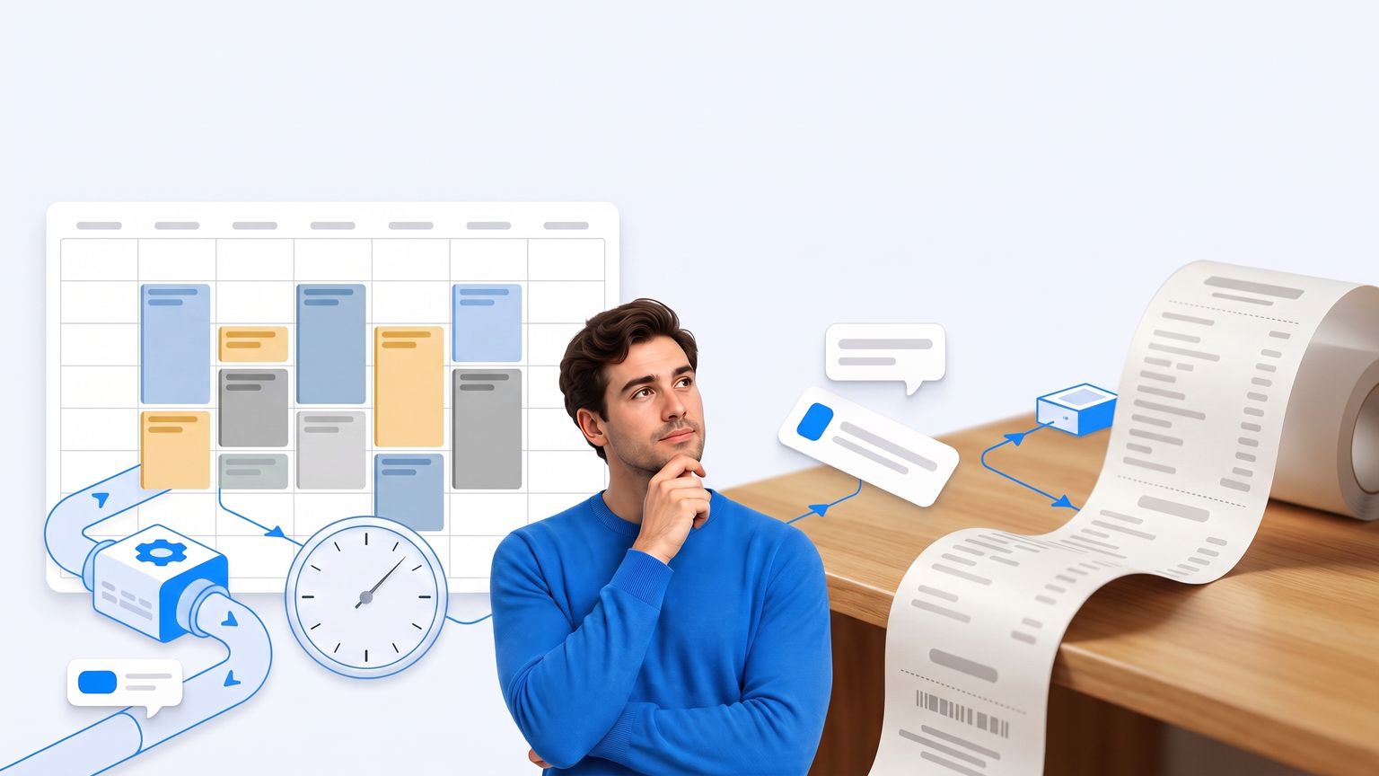 A calendar week densely packed with automatically placed blocks sits beside a growing invoice, arguing that seat-priced calendar automation quietly bills for people and time you never chose