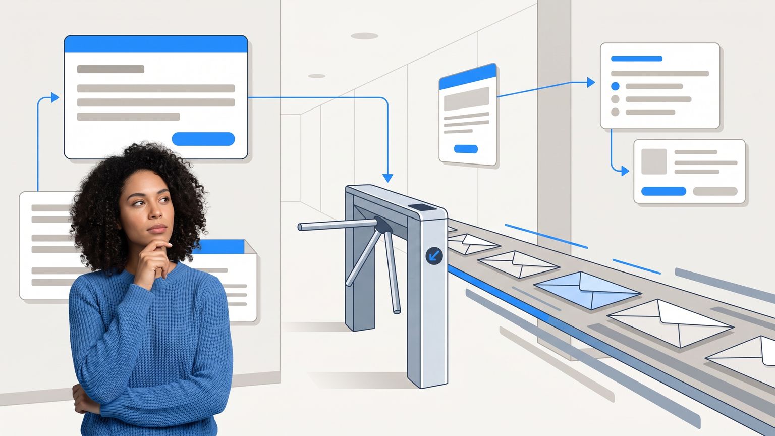A single locked turnstile gate standing between a person and a fast-moving inbox, illustrating that the email client itself now sits behind a business-tier seat rather than a personal subscription