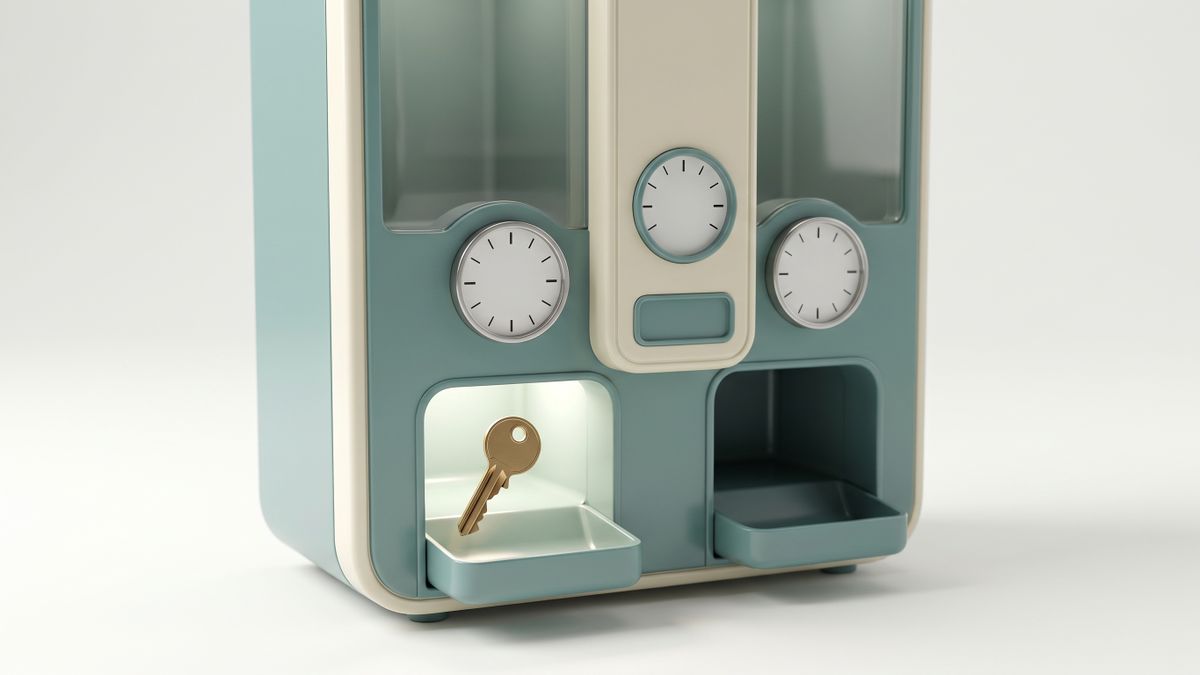 A single vending machine slot dispensing a plain key while a second slot stays dark, showing a one-time purchase against a recurring subscription