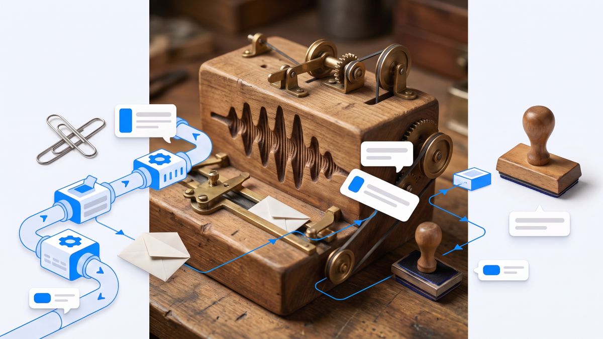 A voice memo waveform carved into a wooden block that then feeds a row of small mechanical levers pulling different tools into motion