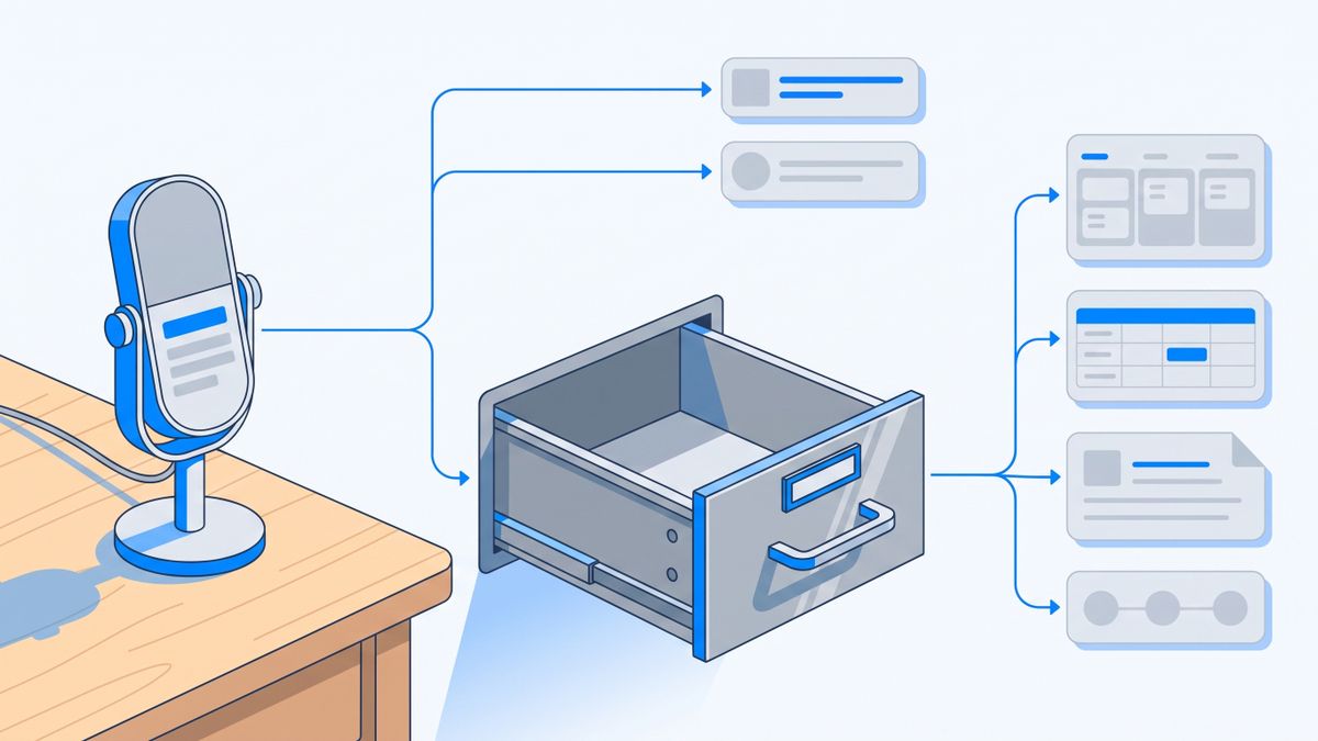 A microphone on a desk beside a closed empty filing cabinet, arguing that meeting capture alone is not a knowledge system