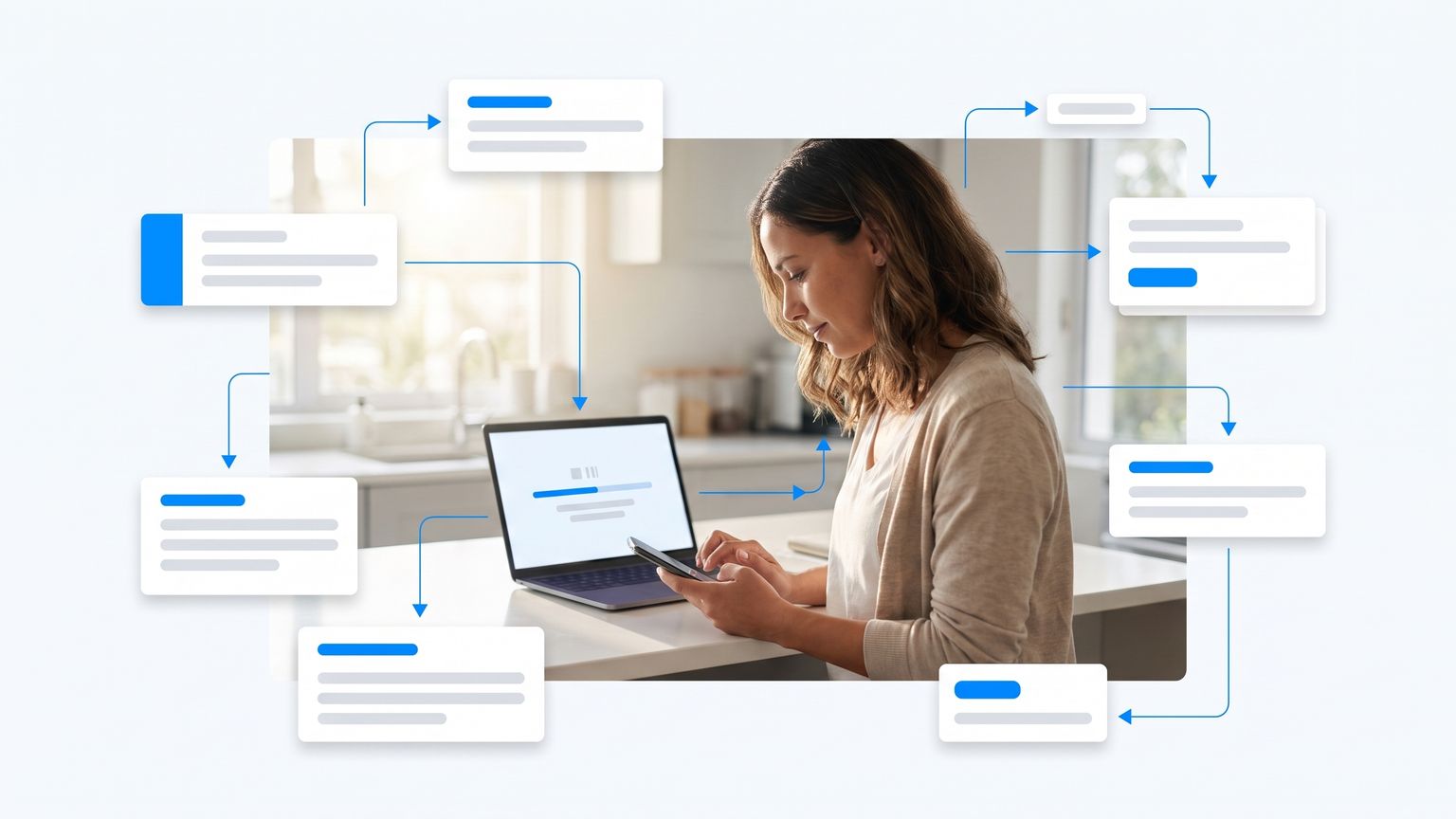 A founder standing in a kitchen answering work from a phone while a laptop in the background waits on a paused assistant session