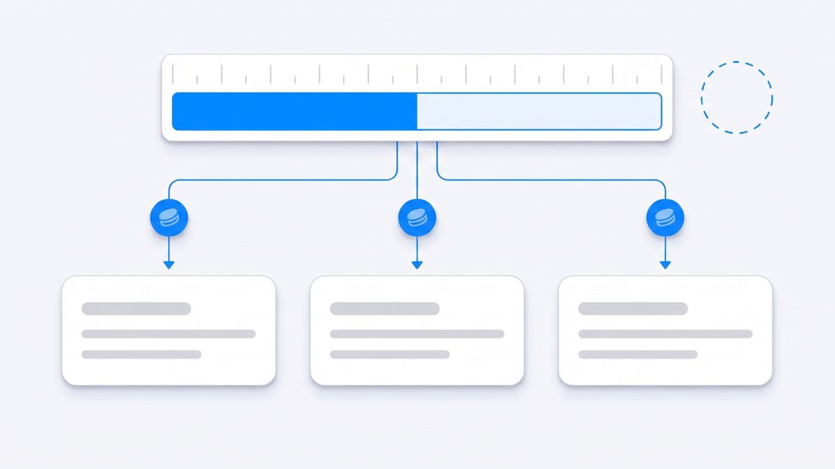 Flat vector diagram of one shared usage meter draining into three separate cards for chat, desktop and terminal work