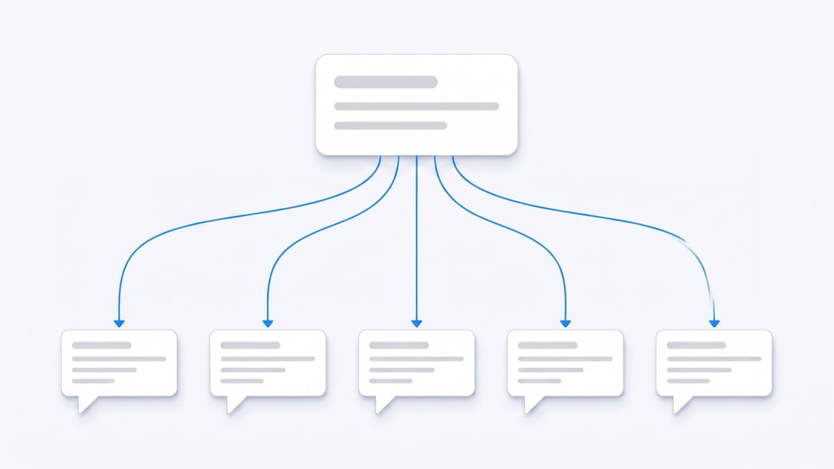 Flat vector diagram of one always-on assistant account fanning out to five rounded messaging channel cards