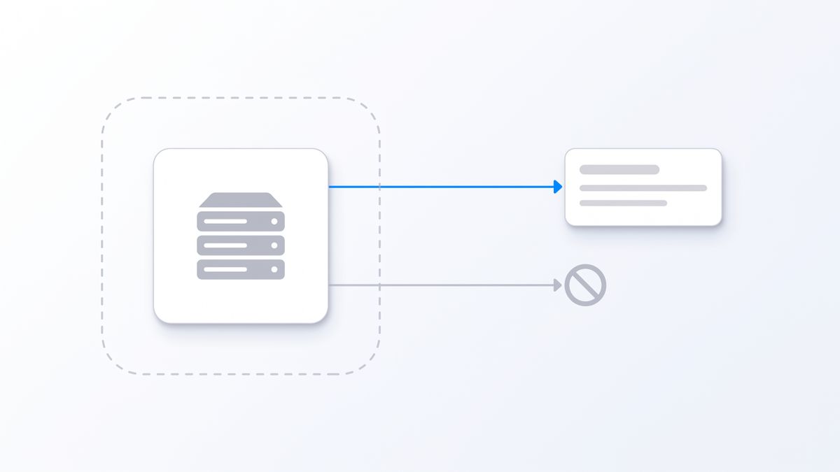 A flat vector diagram of a self-hosted server card fenced by a rounded licence boundary with allowed and restricted paths branching out