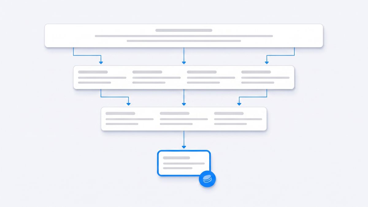 A flat vector decision funnel narrowing three stacked question bars down to a single highlighted assistant card at the bottom