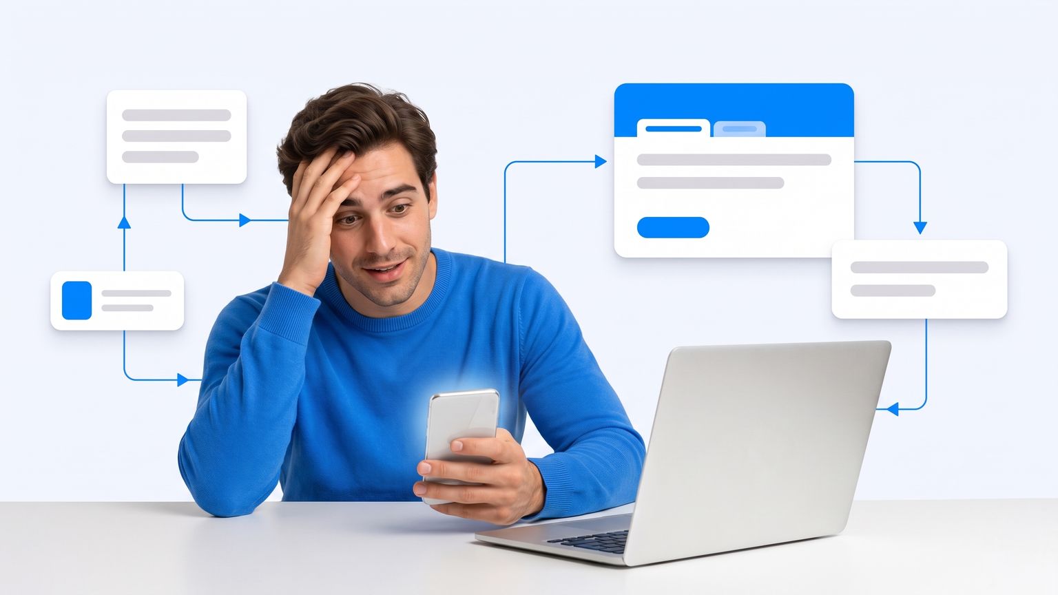 Un fondateur jette un œil à un rappel sur son téléphone pendant que le vrai travail attend, intact, sur le bureau derrière lui : l’écart entre se souvenir et faire