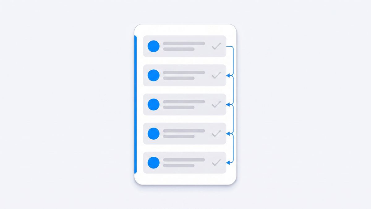 Carte de checklist vectorielle plate avec cinq lignes arrondies et des pastilles bleues, qui présente les critères utilisés pour comparer les assistants