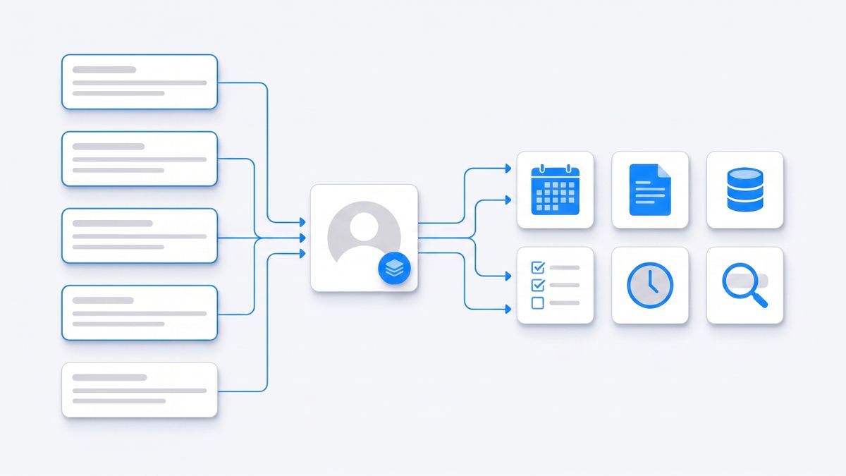 Flat vector diagram of message bubbles from several chat apps flowing into one assistant card that fans out to connected app tiles