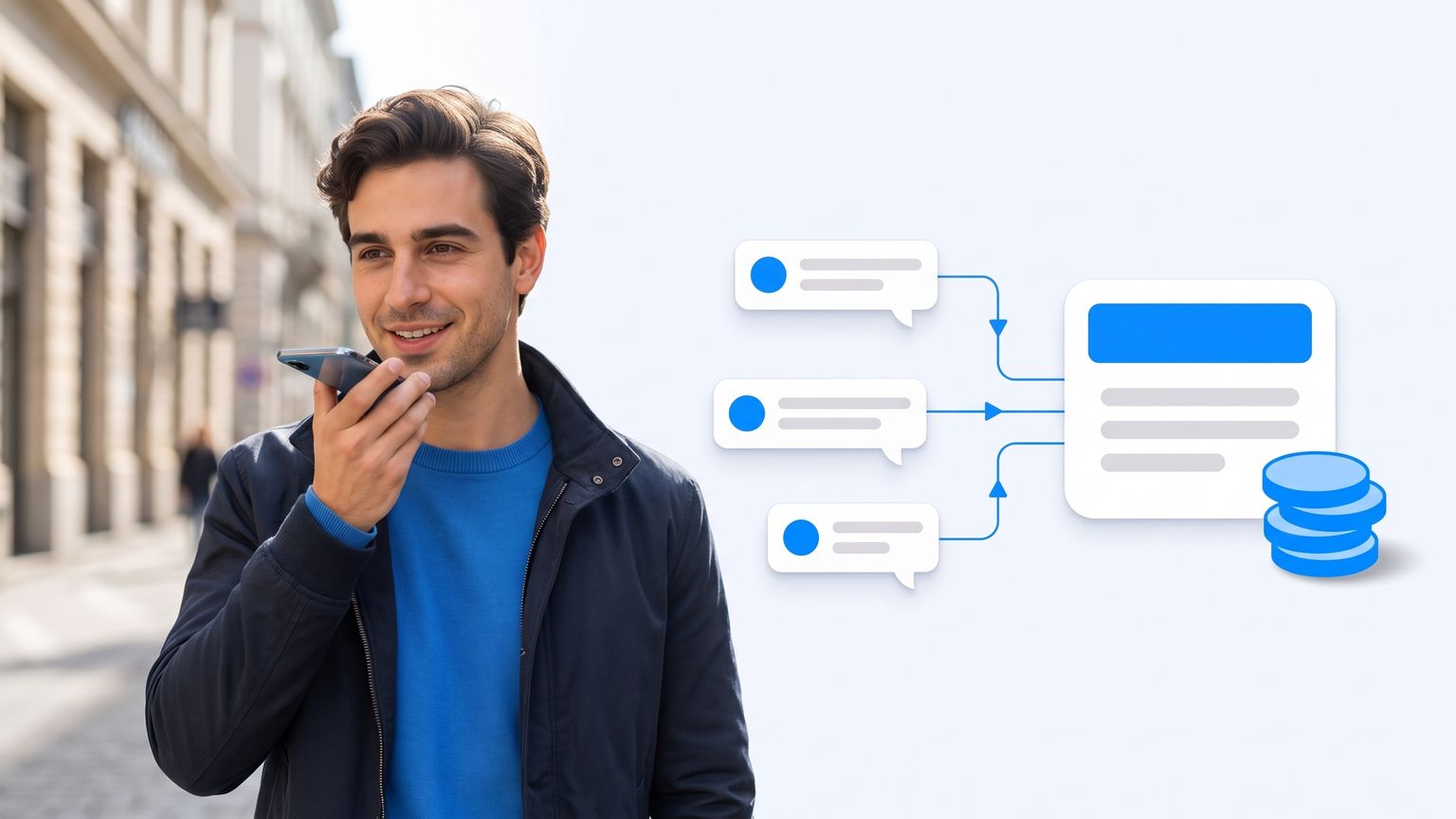 A founder recording a voice note on a phone outdoors while a flat vector diagram shows work routing to one assistant instead of a Slack workspace