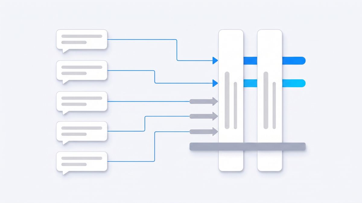 Flat vector diagram of five chat channels funnelling into a single narrow gateway where three of them are blocked by a grey bar
