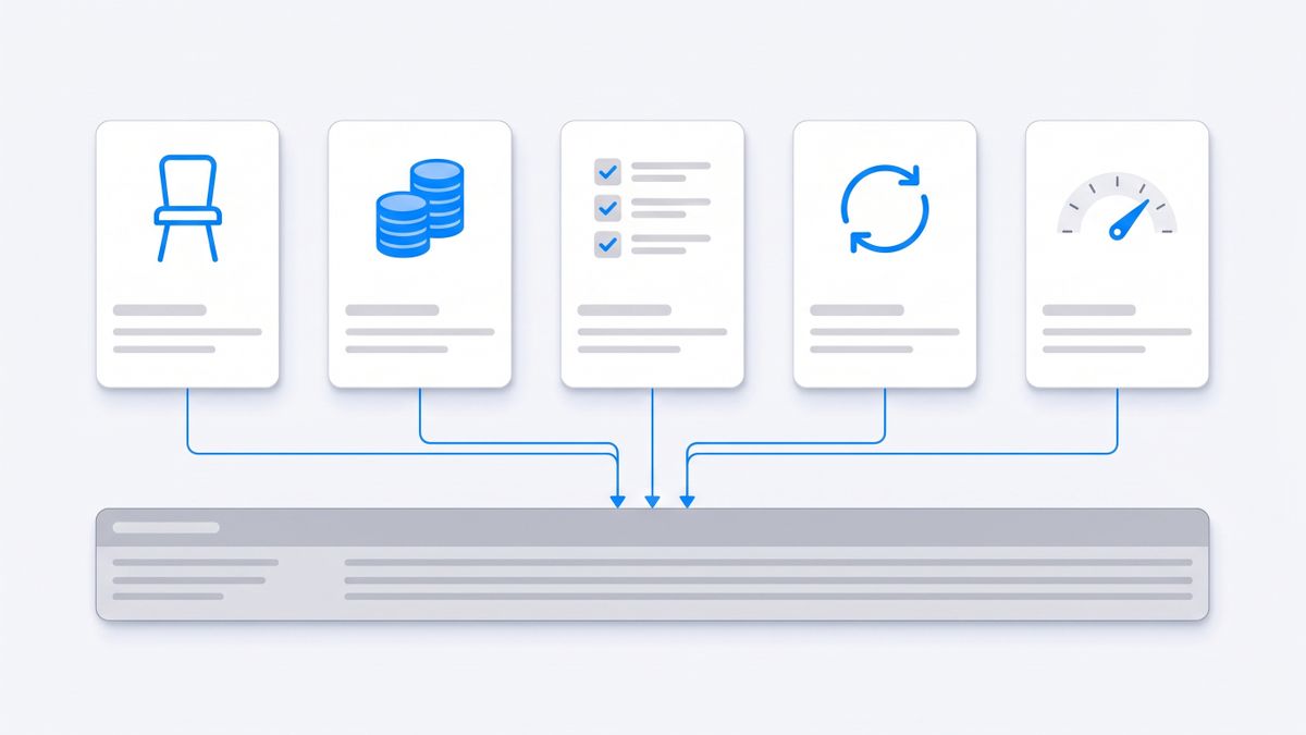 Flat vector diagram comparing five billing units - seats, credits, tasks, executions and metered work - feeding one invoice row