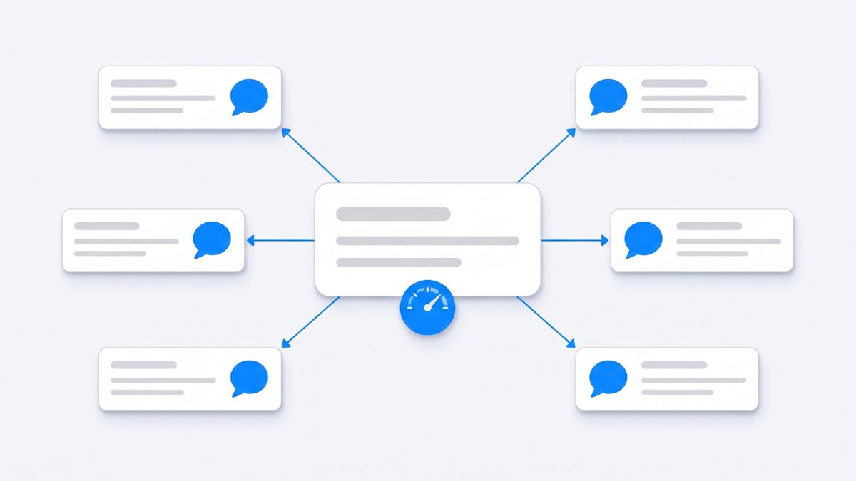 Flat vector diagram of one central assistant card connected by thin arrows to a ring of six messaging channel cards