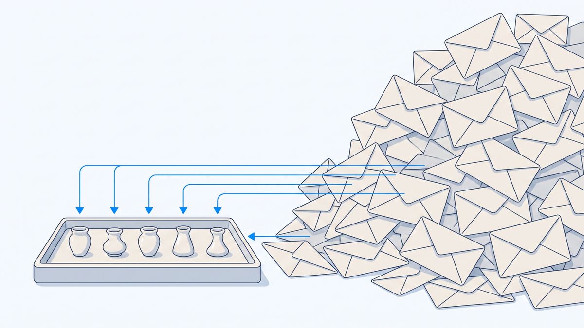 Five small tokens in a shallow tray next to dozens of waiting envelopes, showing how a five-per-day allowance is exhausted long before a real working day is finished
