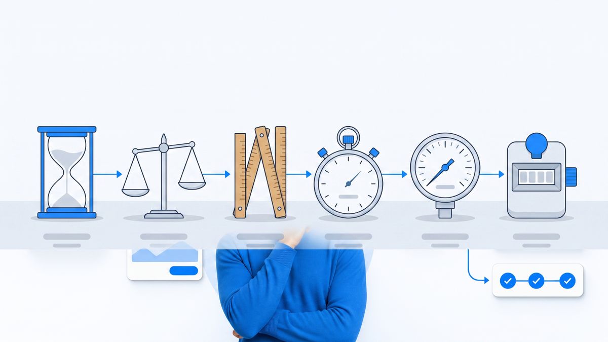 Six different measuring instruments lined up side by side, illustrating that each assistant bills against a different unit and the unit is what decides your invoice