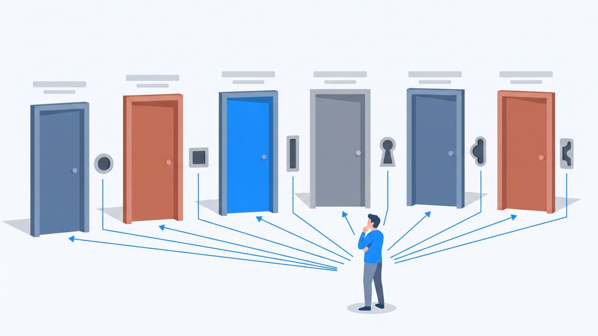 Six doors of different sizes, each with a different kind of coin slot, showing that every assistant charges against a different unit of work