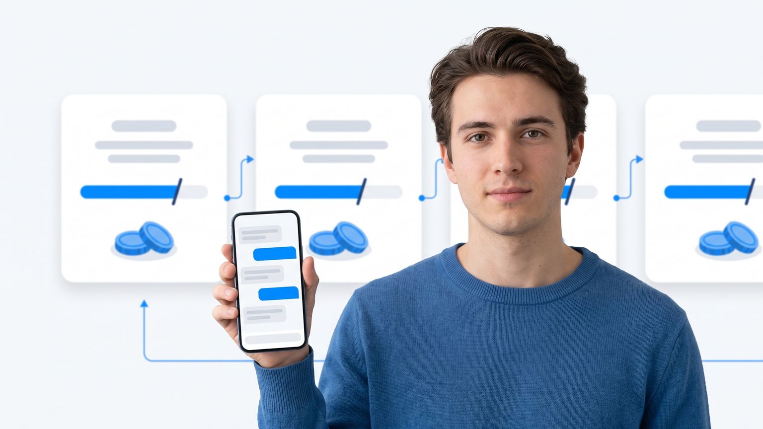 A founder checks an assistant reply on a phone while a wall of pricing meters shows tasks, credits and seats behind them