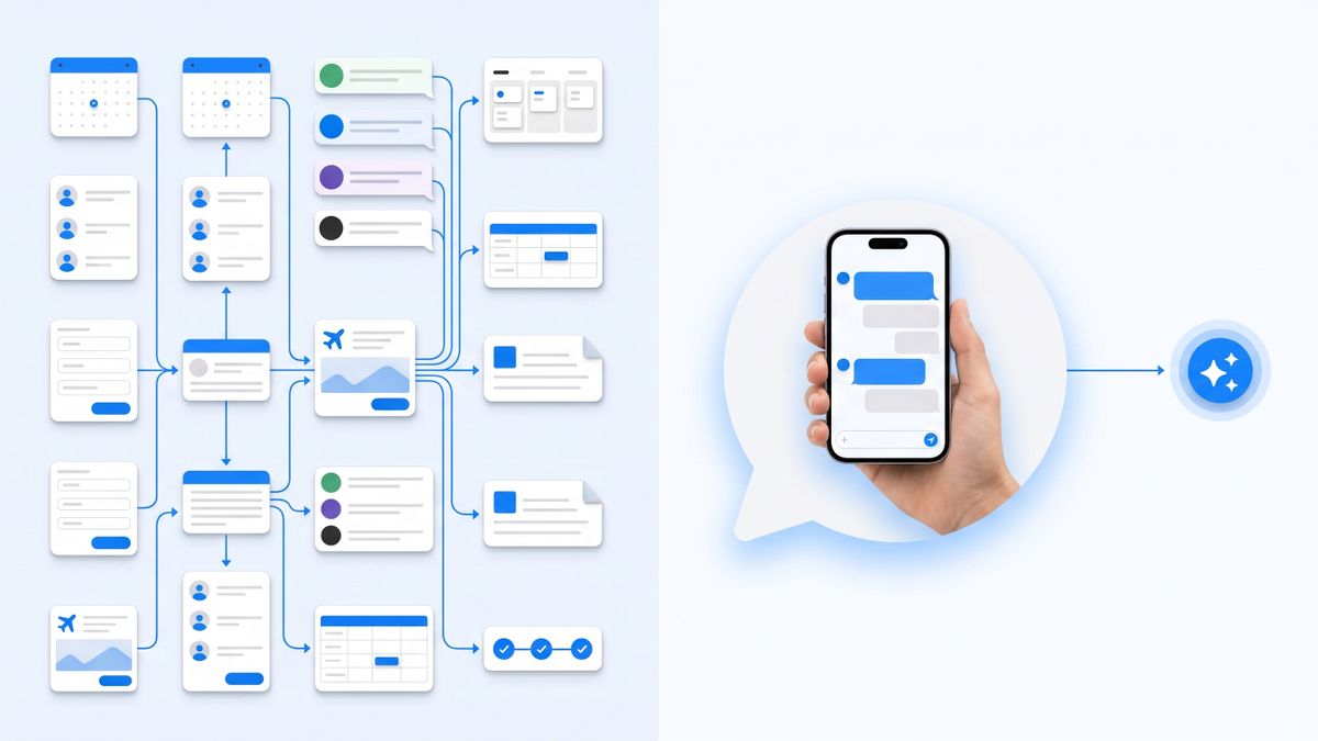 A workflow canvas of many connected nodes set beside a single spoken instruction that produces the same result without a builder